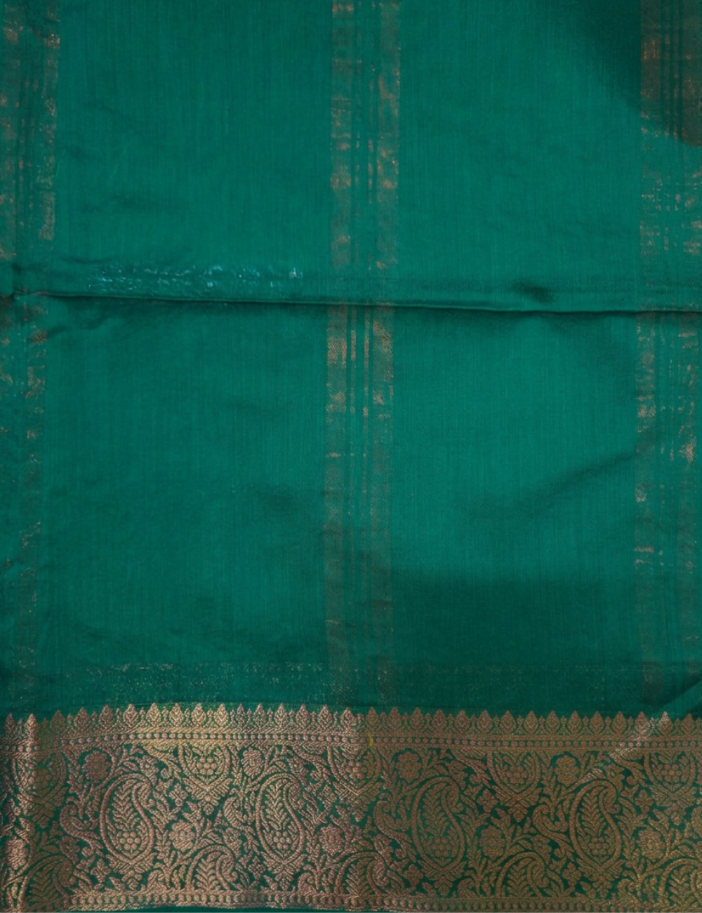 Kalyani Silk Cotton Saree – Peacock Green | Copper Gold Zari Woven Border