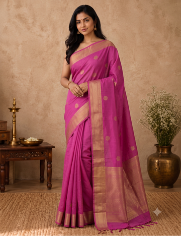 Premium Kanchi Semi Soft Silk Saree - Bubblegum Pink with Rich Gold Zari woven
