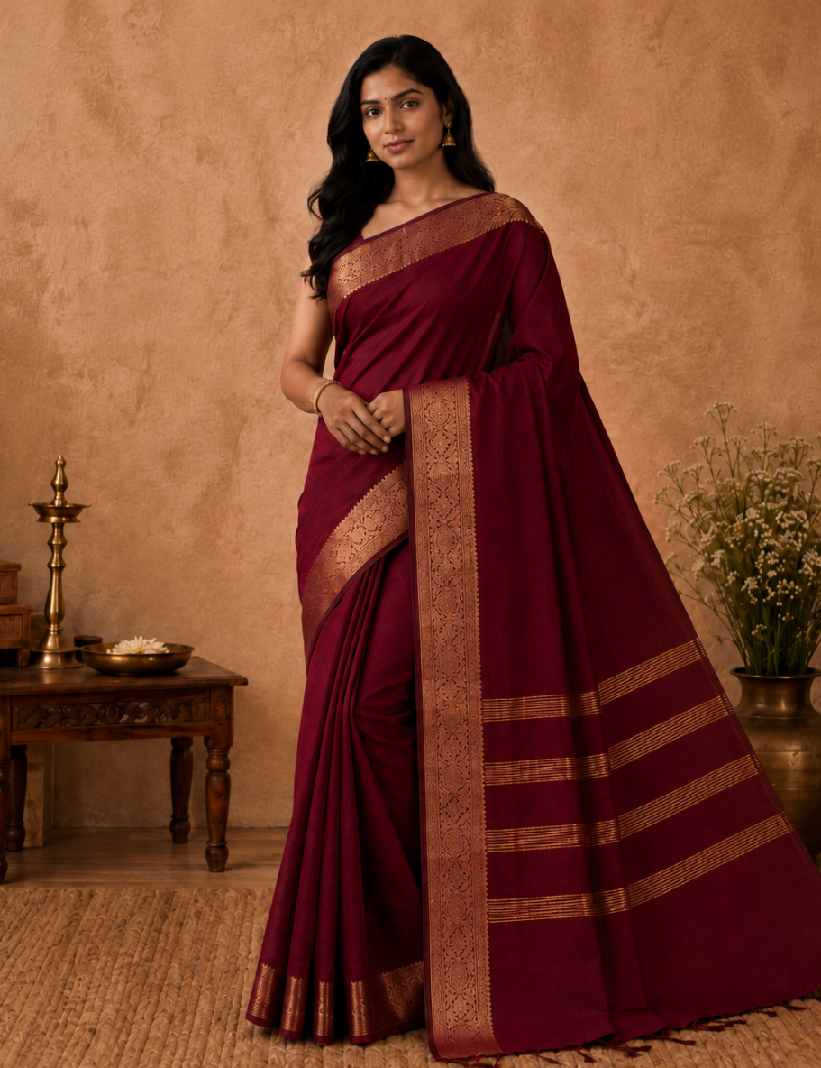 Premium Kalyani Silk Cotton Saree – Crimson Red with Antique Gold Zari Woven Border