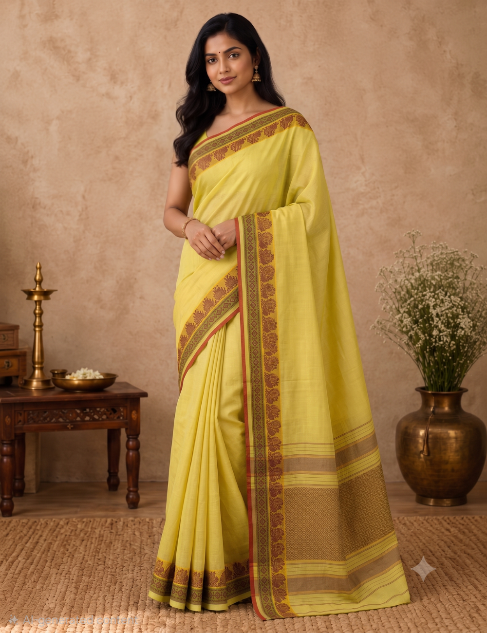 Pure 80s Kanchi Cotton Saree – Pale Lemon Yellow | Deep Red Thread Woven Border