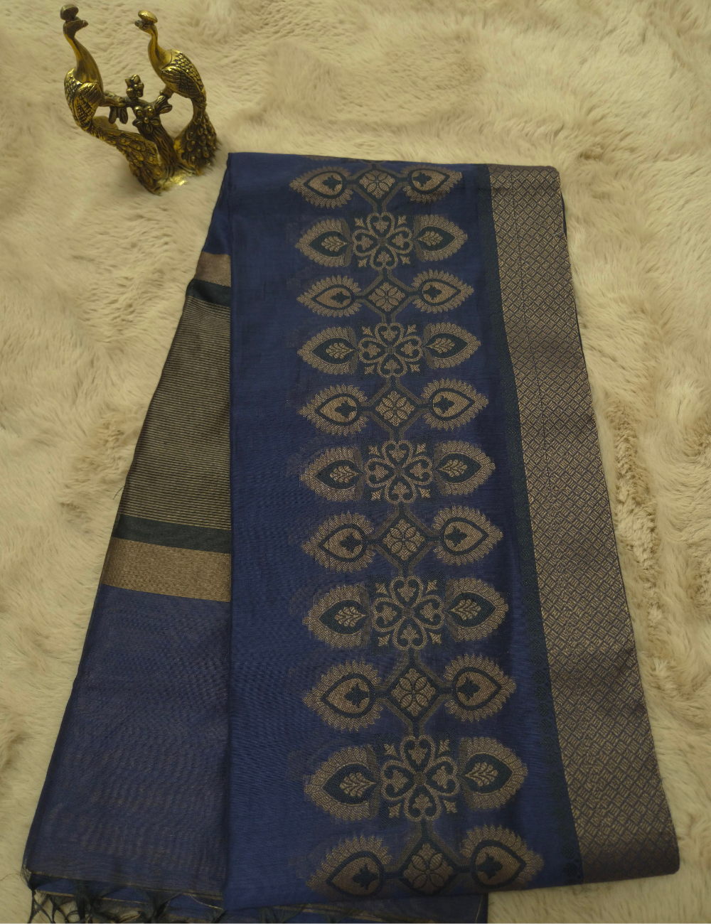 Fancy Silk Cotton Saree – Midnight Blue with Antique Gold Zari Woven Border