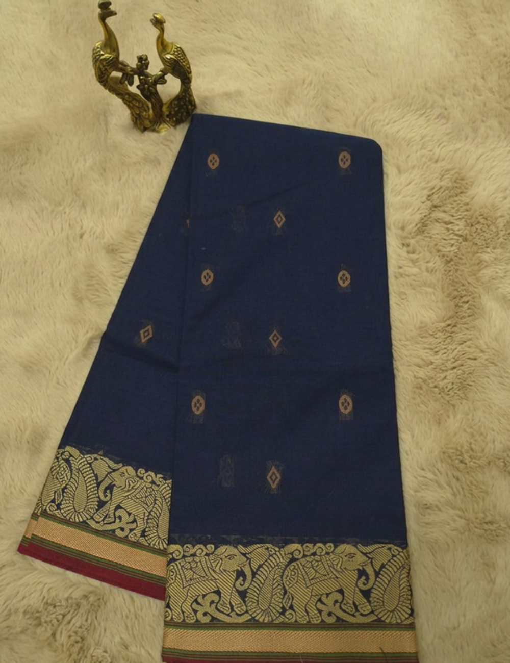 Pure 80s Kanchi Cotton Saree – Dark Navy Blue | Beige Thread Woven Border