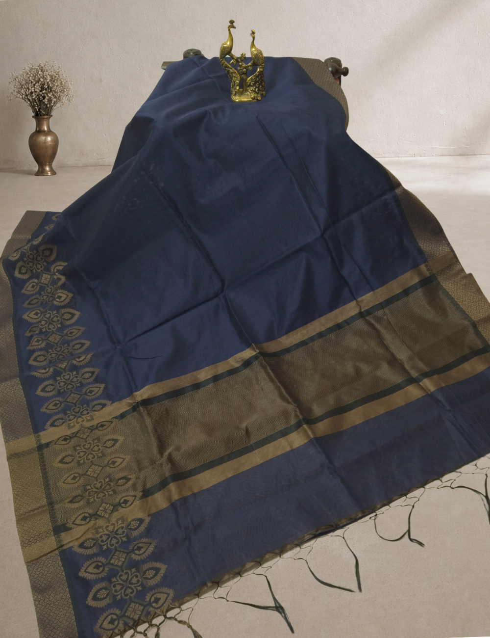 Fancy Silk Cotton Saree – Midnight Blue with Antique Gold Zari Woven Border