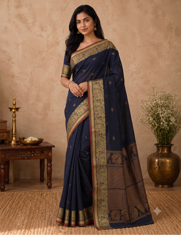Pure 80s Kanchi Cotton Saree – Dark Navy Blue | Beige Thread Woven Border