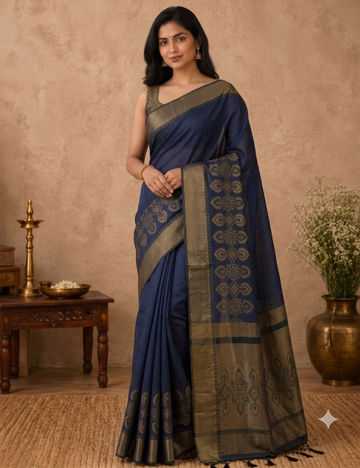 Fancy Silk Cotton Saree – Midnight Blue with Antique Gold Zari Woven Border