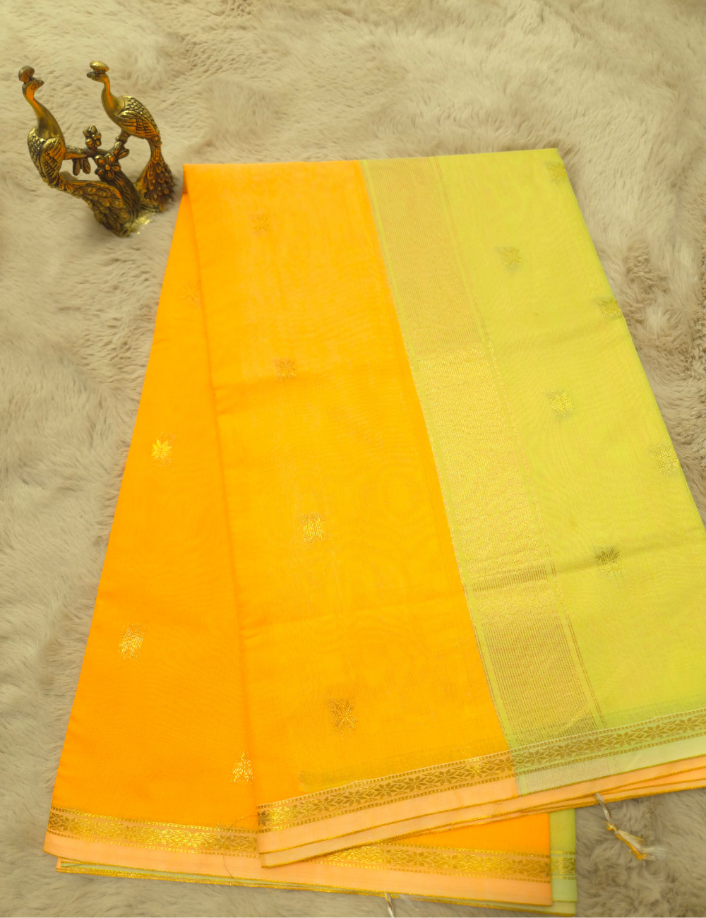 Maheshwari Silk Cotton Saree – Saffron Orange with Soft Lime Green Woven Border