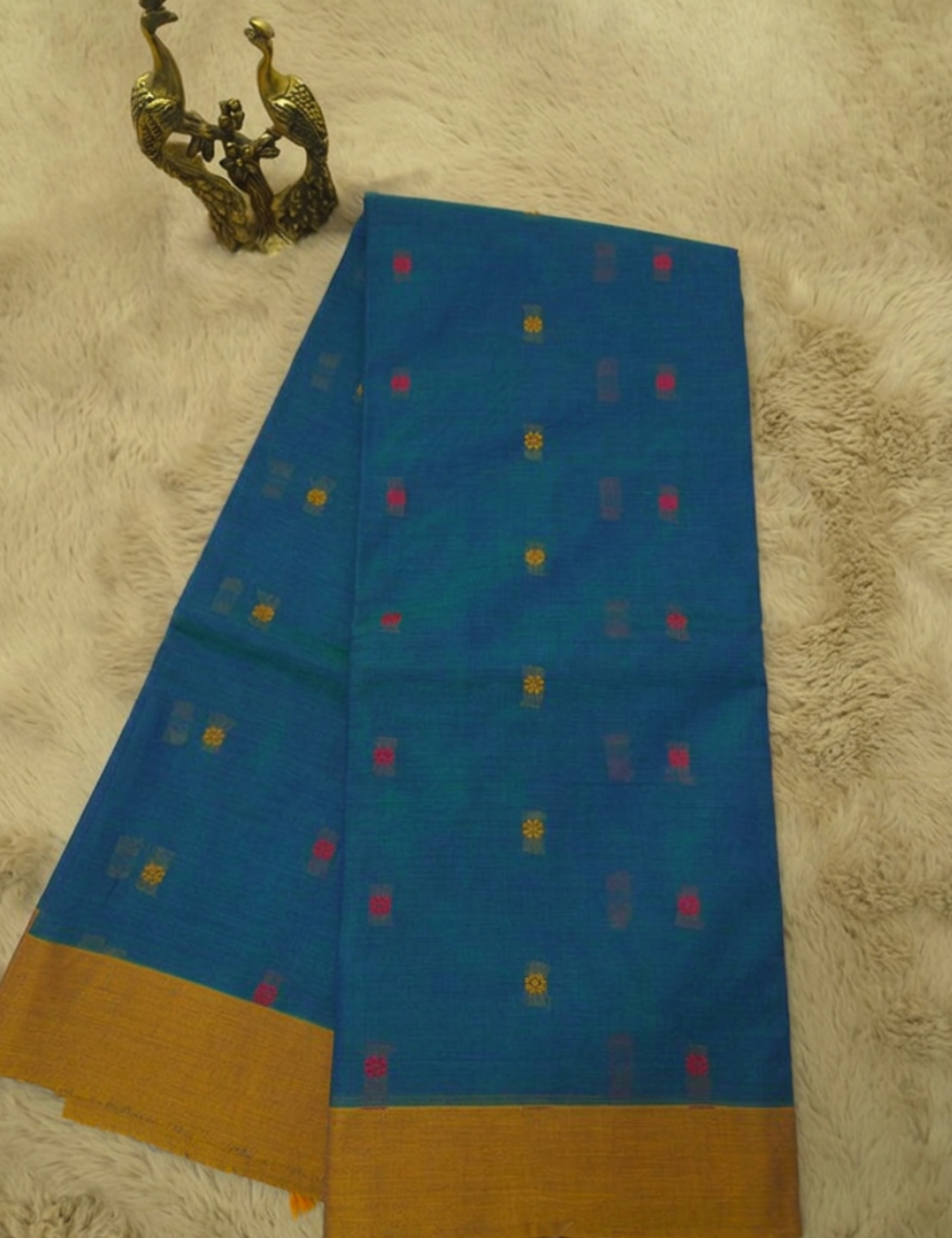 Pure 80s Kanchi Cotton Saree – Peacock Green | Mustard Thread Woven Border