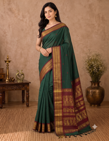 Kalyani Cotton Saree – Bottle Green | Maroon Woven Border