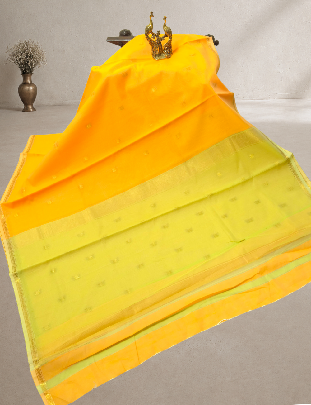 Maheshwari Silk Cotton Saree – Saffron Orange with Soft Lime Green Woven Border