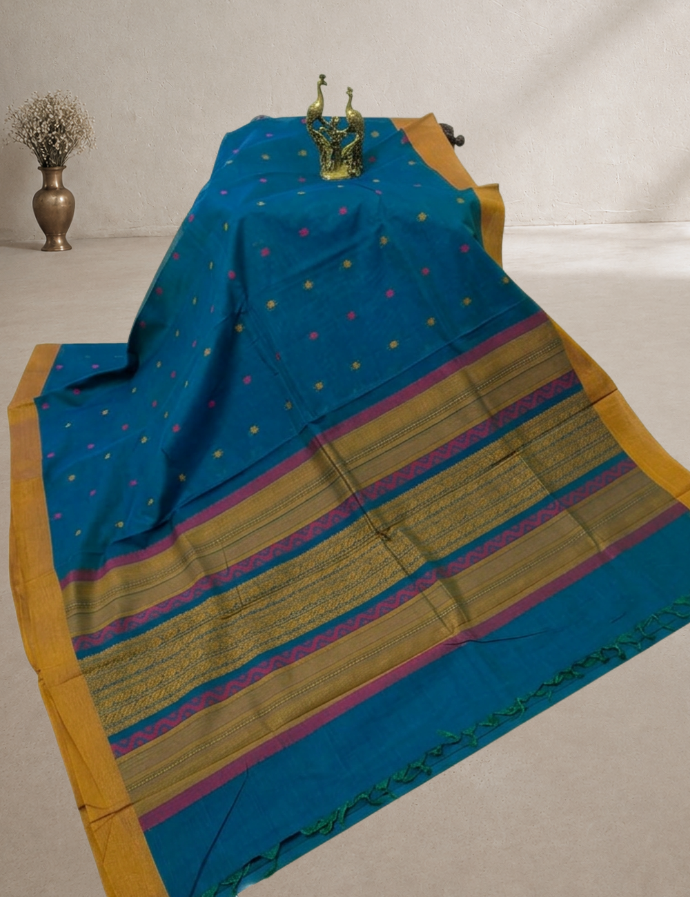 Pure 80s Kanchi Cotton Saree – Peacock Green | Mustard Thread Woven Border
