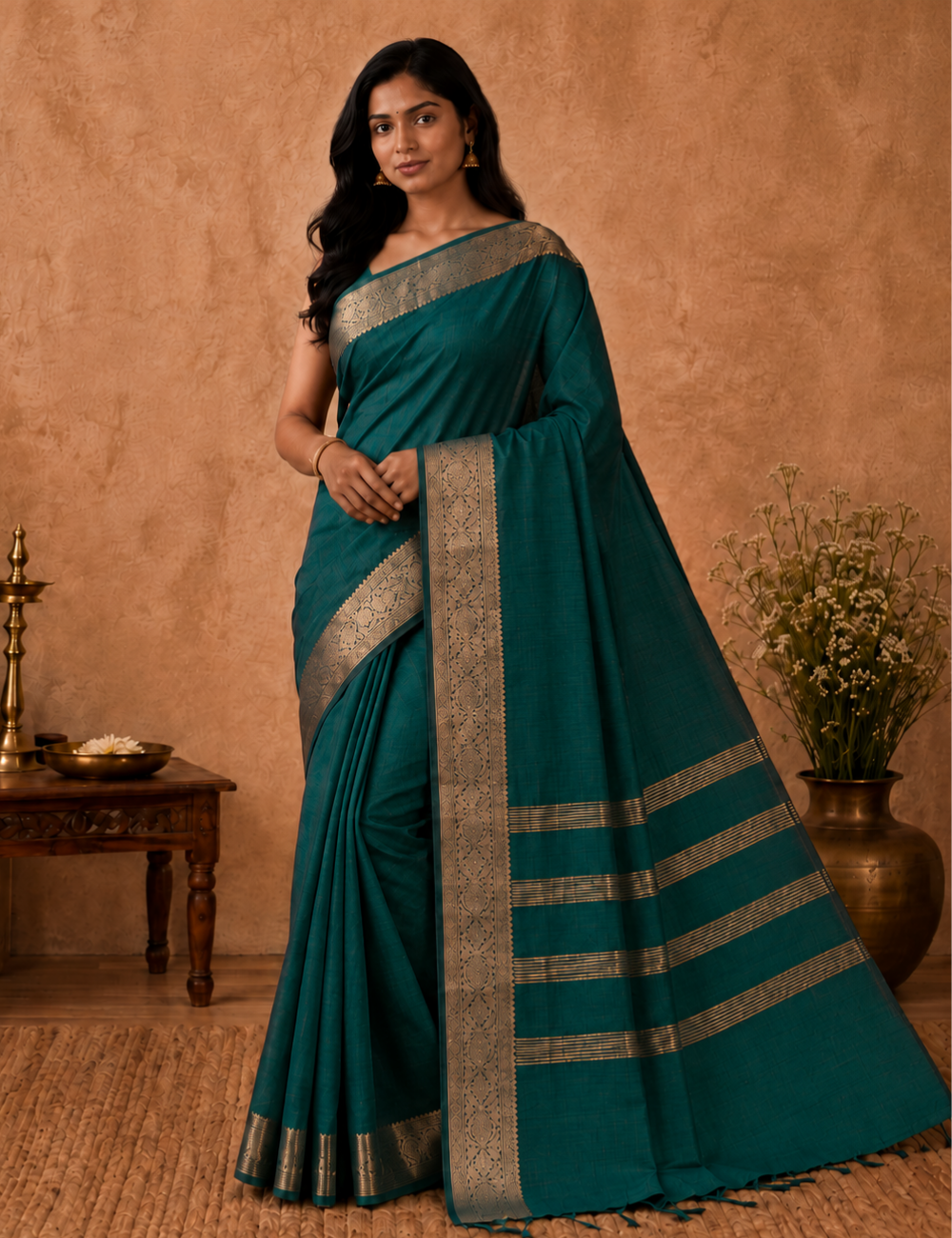 Kalyani Silk Cotton Saree – Peacock Green | Copper Gold Zari Woven Border