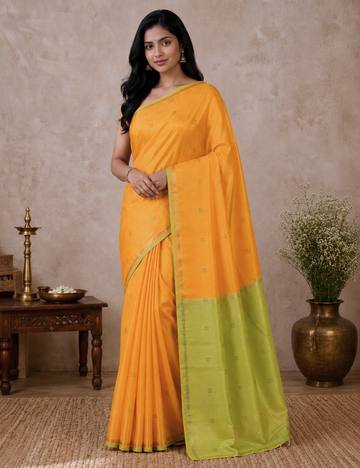 Maheshwari Silk Cotton Saree – Saffron Orange with Soft Lime Green Woven Border