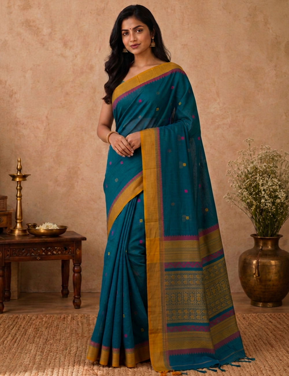 Pure 80s Kanchi Cotton Saree – Peacock Green | Mustard Thread Woven Border