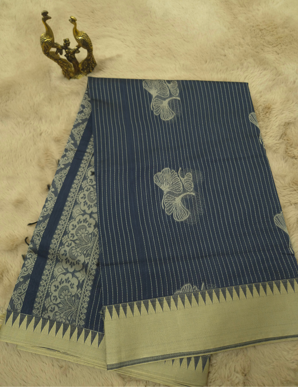 Premium Kota Cotton Saree – Dark Navy Blue | Beige Thread Woven Border