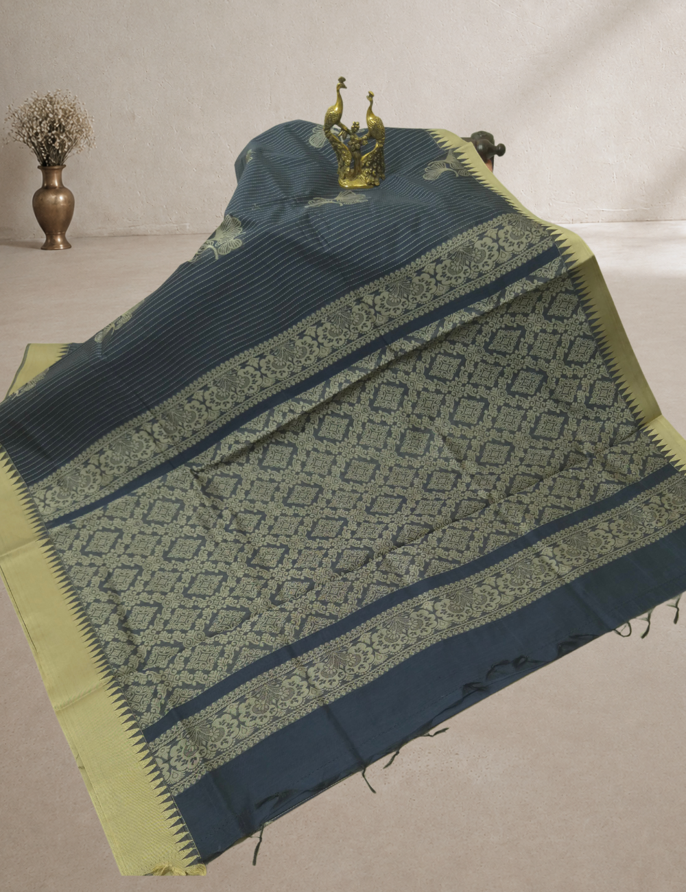 Premium Kota Cotton Saree – Dark Navy Blue | Beige Thread Woven Border