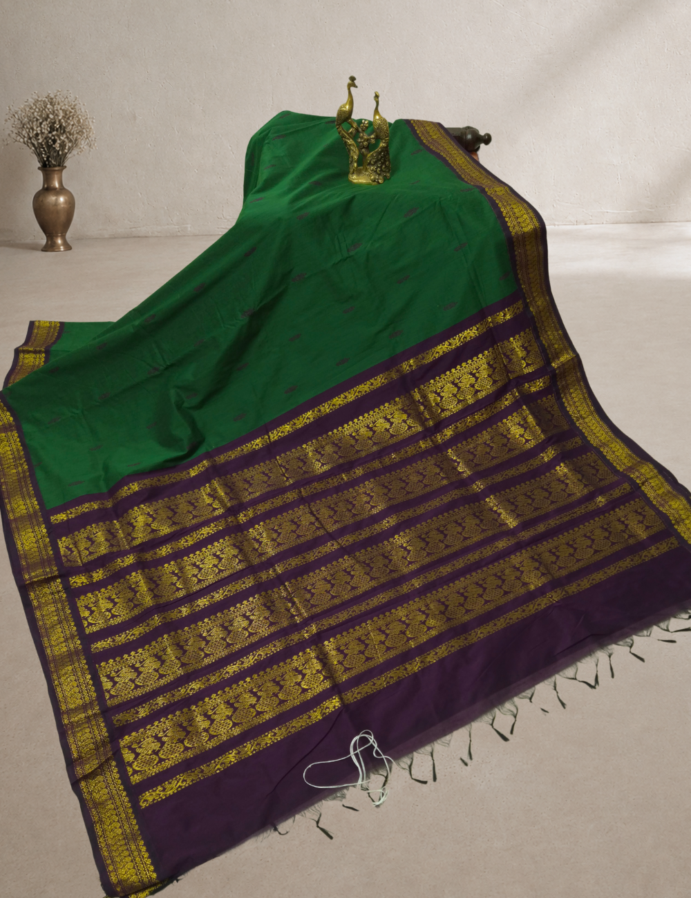 Kalyani Cotton Saree – Emerald Green | Purple Woven Border