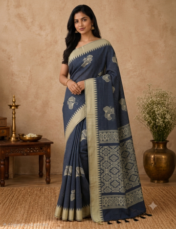 Premium Kota Cotton Saree – Dark Navy Blue | Beige Thread Woven Border