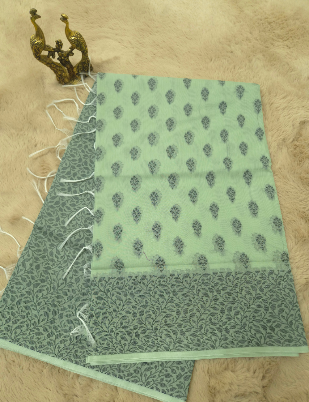 Premium Kota Cotton Saree – Pale Lime Green | Blue Thread Woven Border