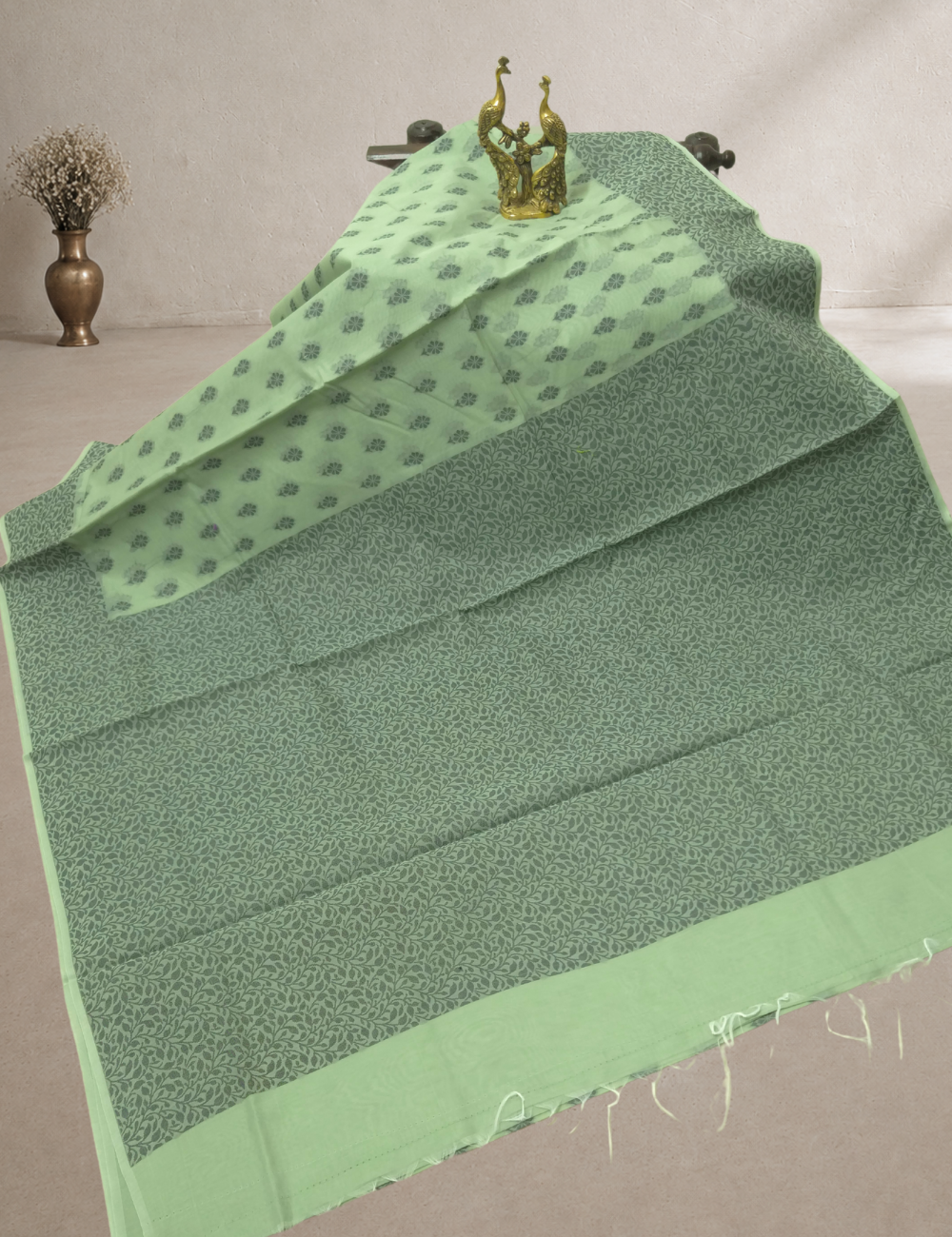 Premium Kota Cotton Saree – Pale Lime Green | Blue Thread Woven Border