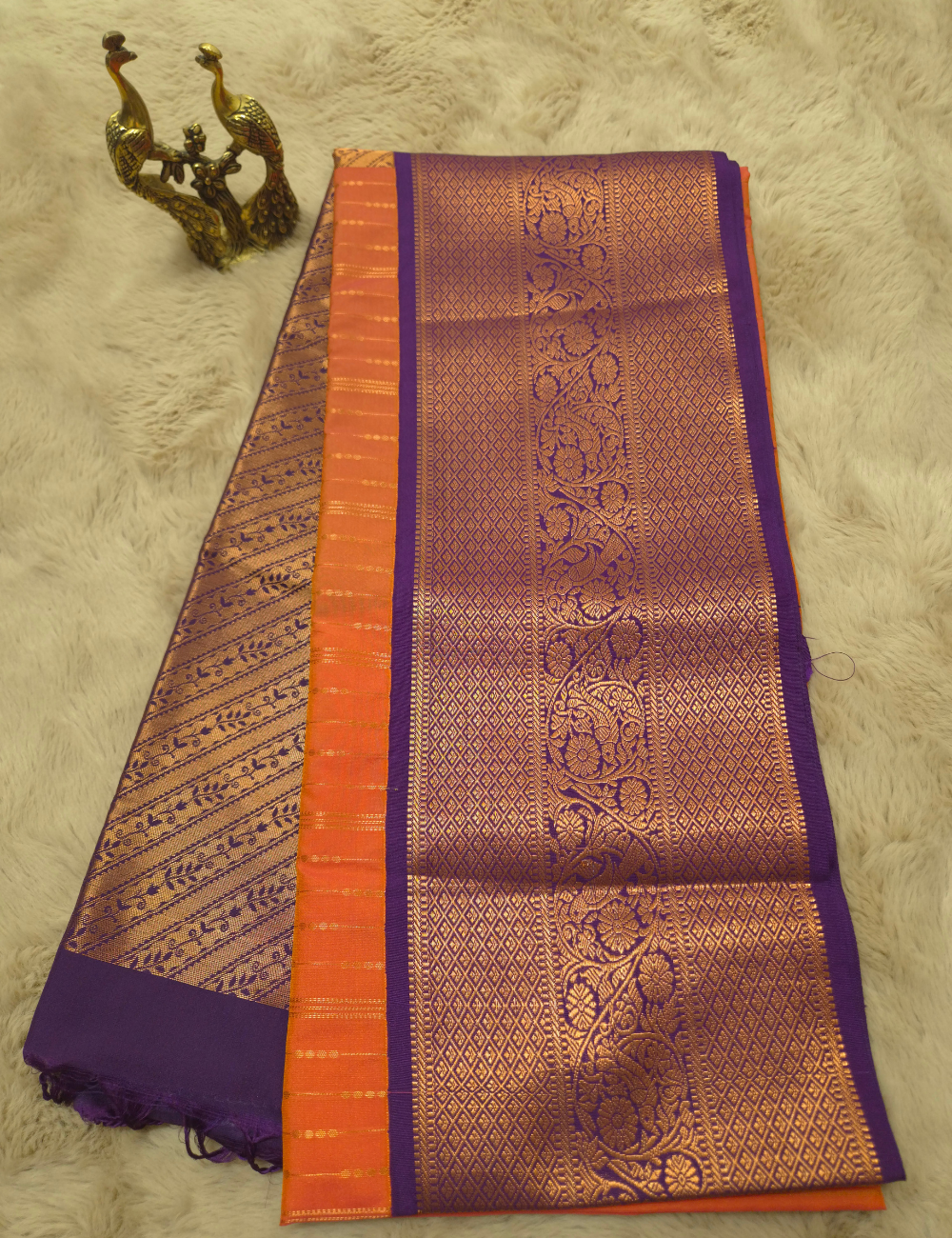 Premium Kanchi Semi Soft Silk Saree – Coral Orange with Royal Purple Copper Zari Woven Border