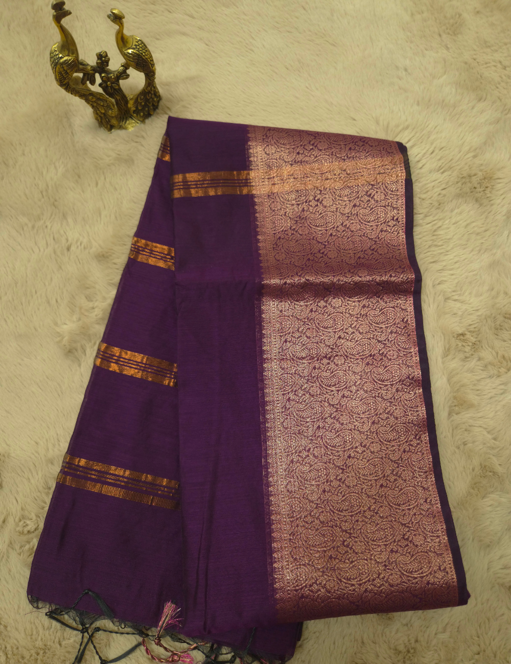 Kalyani Silk Cotton Saree – Deep Plum | Copper Gold Zari Woven Border