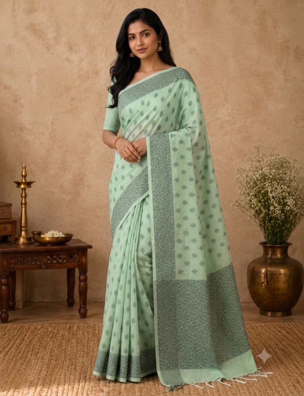 Premium Kota Cotton Saree – Pale Lime Green | Blue Thread Woven Border