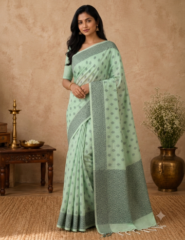 Premium Kota Cotton Saree – Pale Lime Green | Blue Thread Woven Border