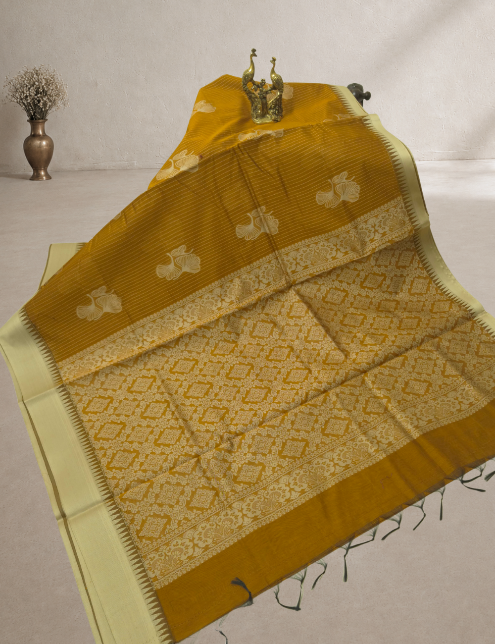 Premium Kota Cotton Saree – Mustard Yellow | Beige Thread Woven Border