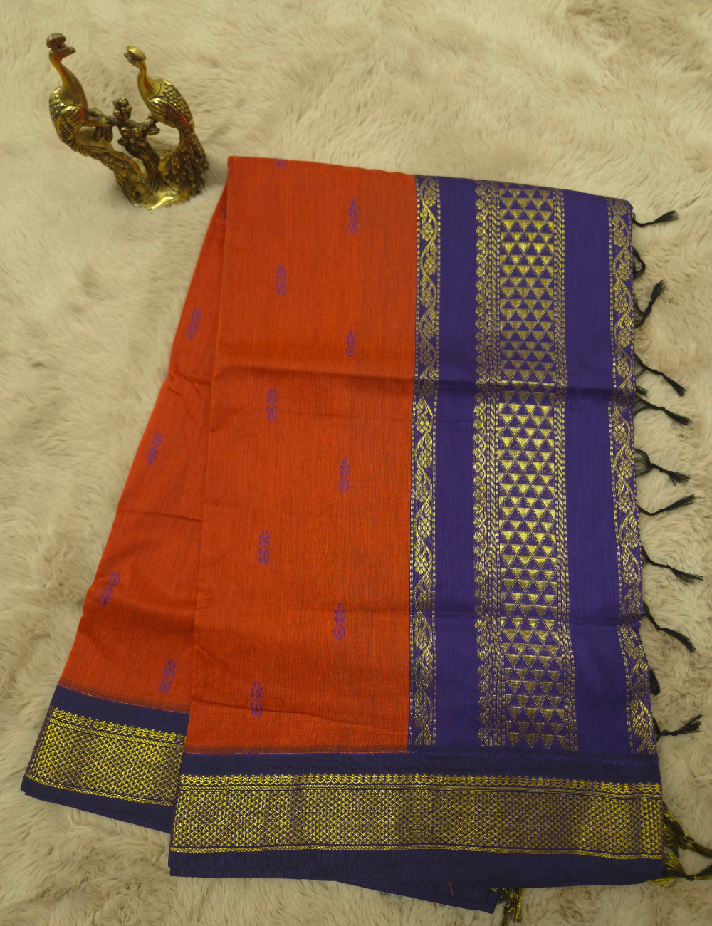 Kalyani Cotton Saree – Rust Orange | Violet Woven Border