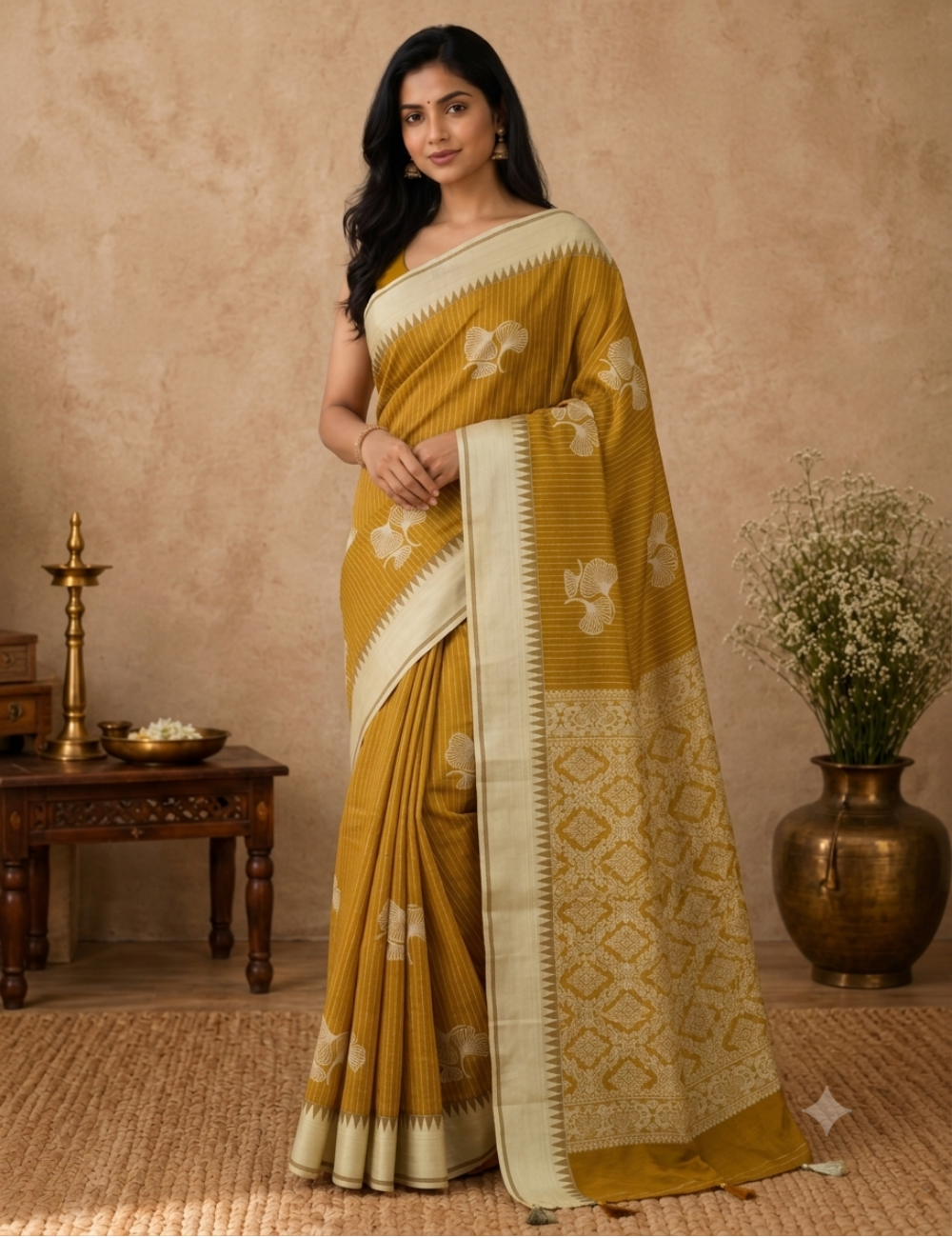 Premium Kota Cotton Saree – Mustard Yellow | Beige Thread Woven Border