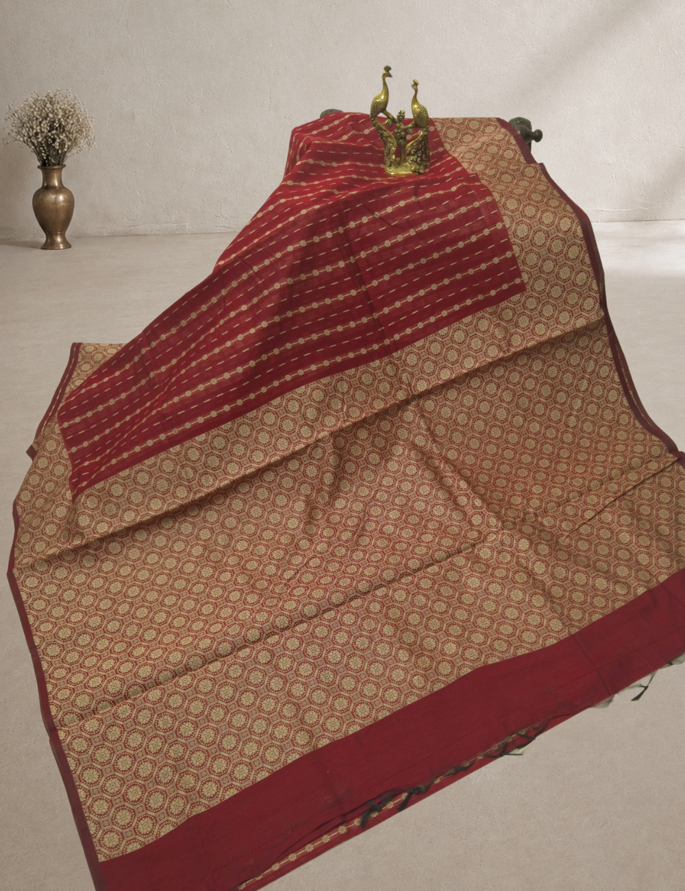 Premium Kota Cotton Saree – Crimson Red | Beige Thread Woven Border