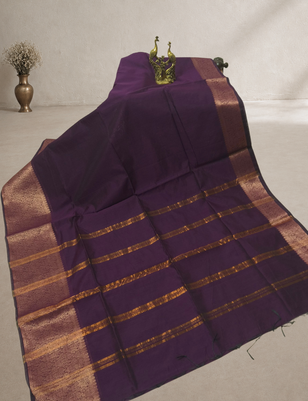 Kalyani Silk Cotton Saree – Deep Plum | Copper Gold Zari Woven Border