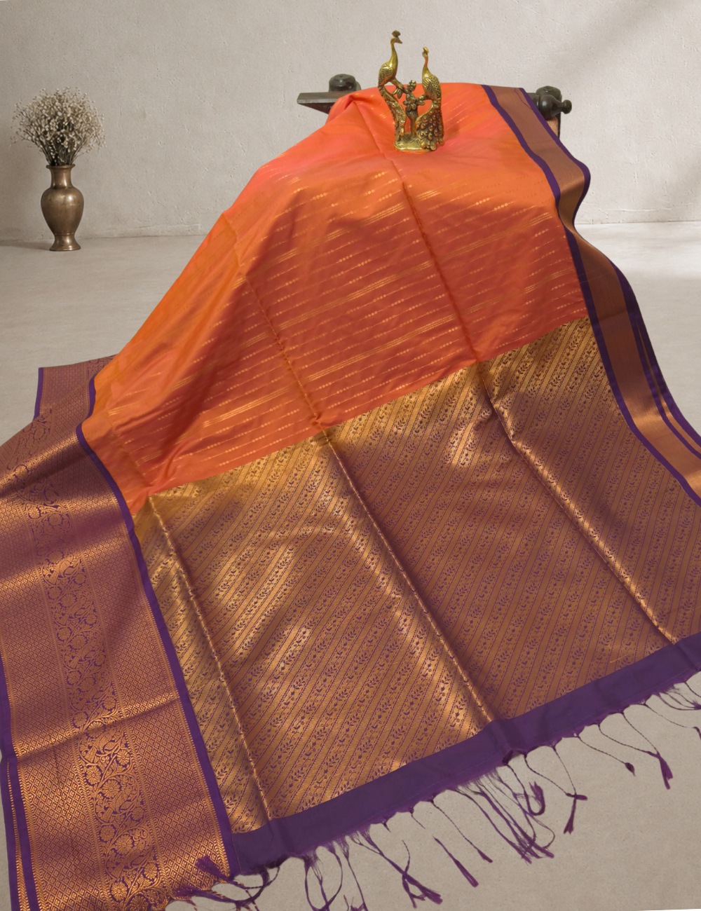 Premium Kanchi Semi Soft Silk Saree – Coral Orange with Royal Purple Copper Zari Woven Border