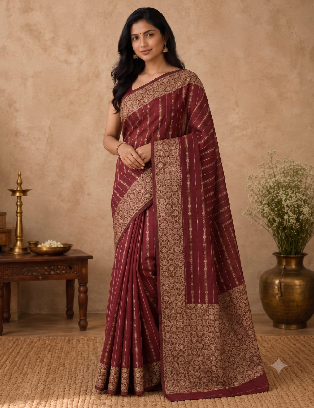 Premium Kota Cotton Saree – Crimson Red | Beige Thread Woven Border