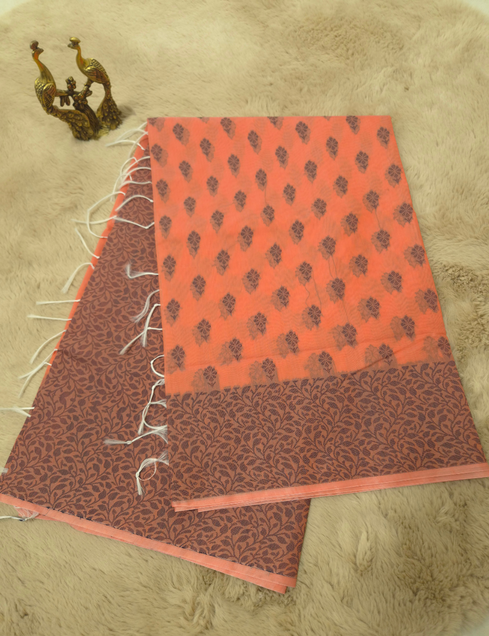 Premium Kota Cotton Saree – Coral Peach | Blue Thread Woven Border