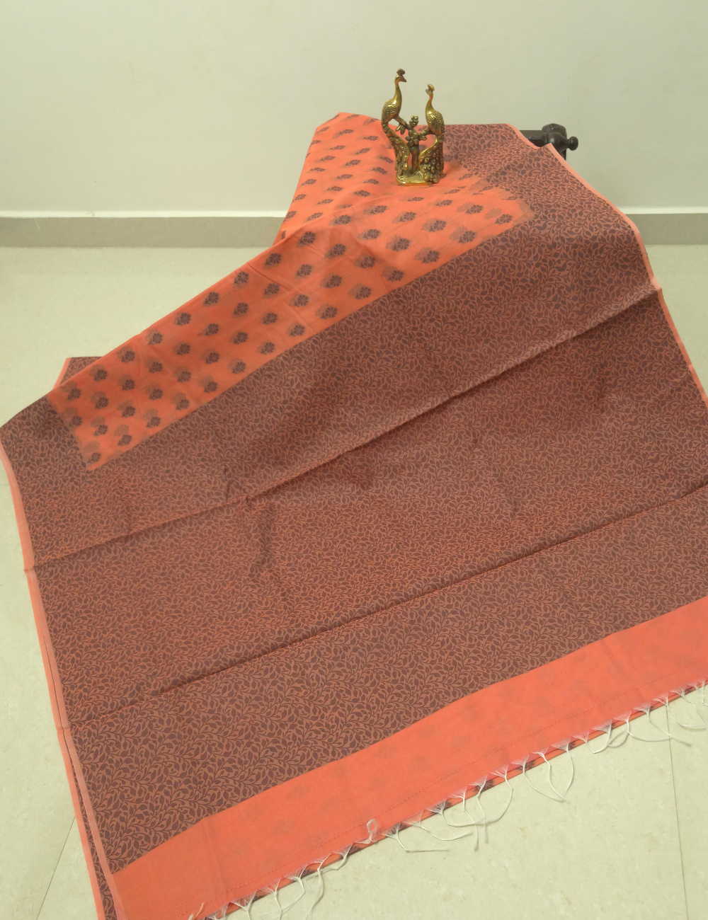 Premium Kota Cotton Saree – Coral Peach | Blue Thread Woven Border