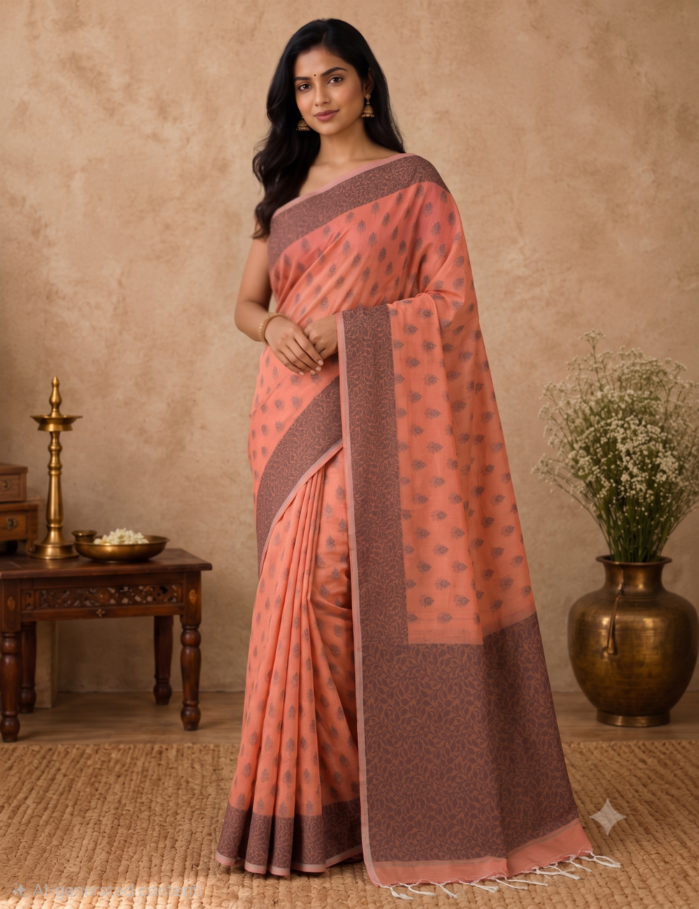 Premium Kota Cotton Saree – Coral Peach | Blue Thread Woven Border