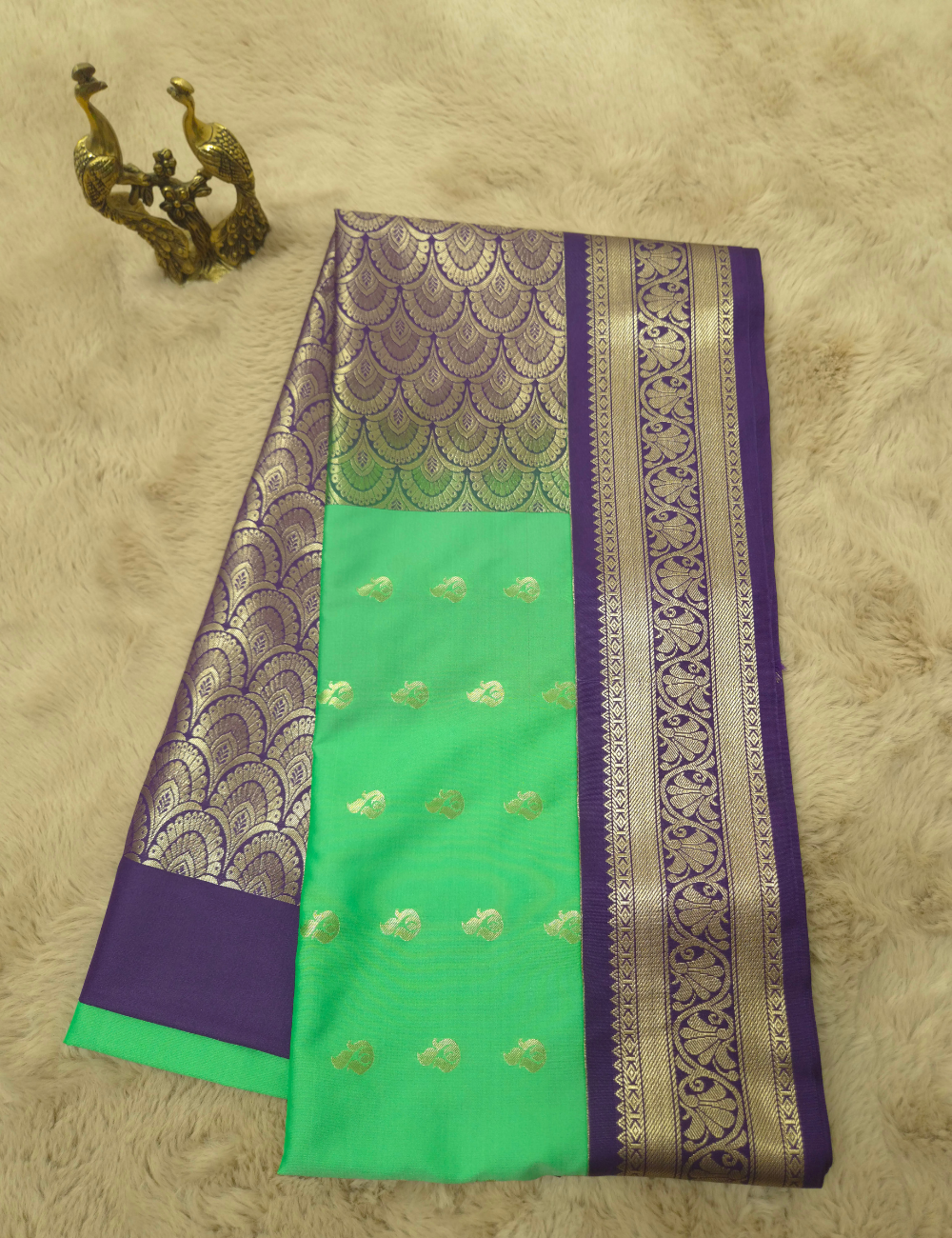 Premium Kanchi Semi Soft Silk Saree – Spring Green | Royal Purple Gold Zari Woven Border