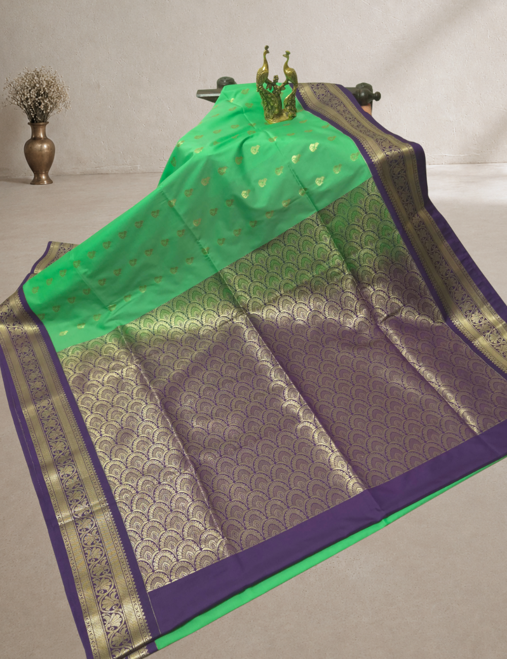 Premium Kanchi Semi Soft Silk Saree – Spring Green | Royal Purple Gold Zari Woven Border