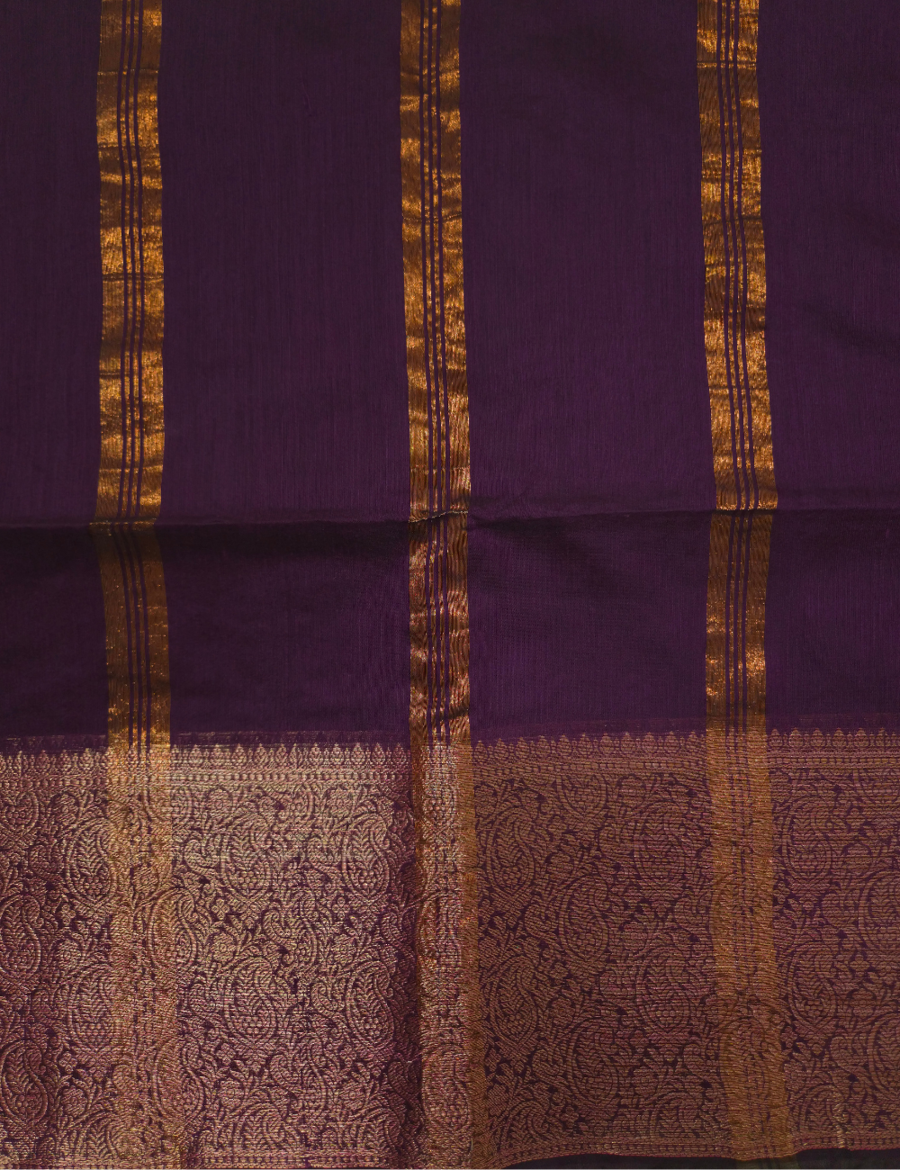 Kalyani Silk Cotton Saree – Deep Plum | Copper Gold Zari Woven Border