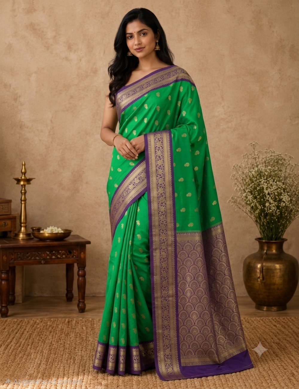Premium Kanchi Semi Soft Silk Saree – Spring Green | Royal Purple Gold Zari Woven Border