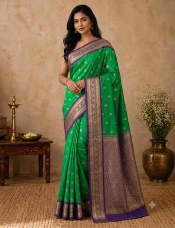 Premium Kanchi Semi Soft Silk Saree – Spring Green | Royal Purple Gold Zari Woven Border