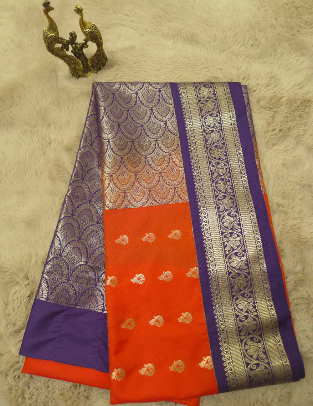 Premium Kanchi Semi Soft Silk Saree – Red Orange | Royal Purple Gold Zari Woven Border