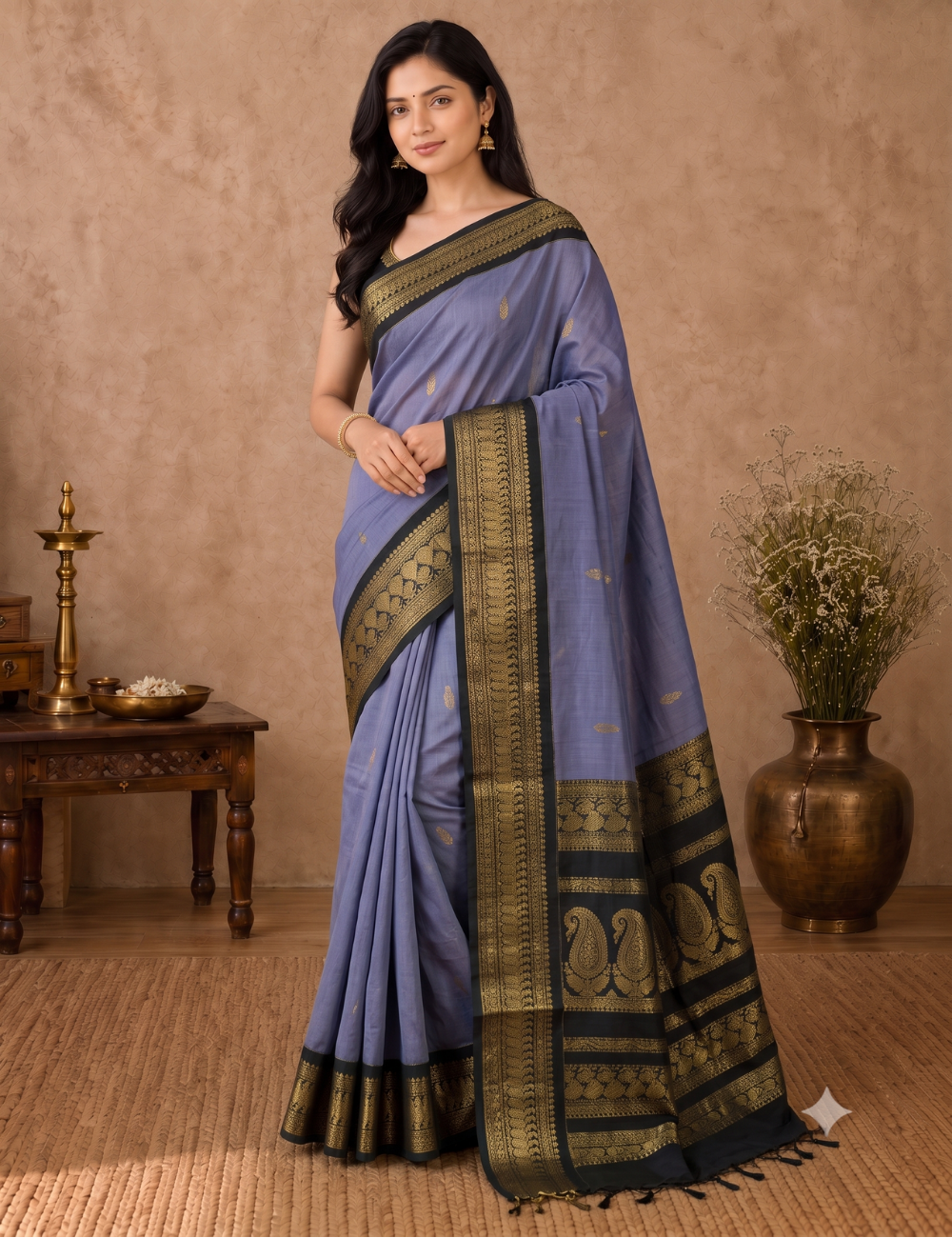 Kalyani Cotton Saree – Lavender | Black Woven Border