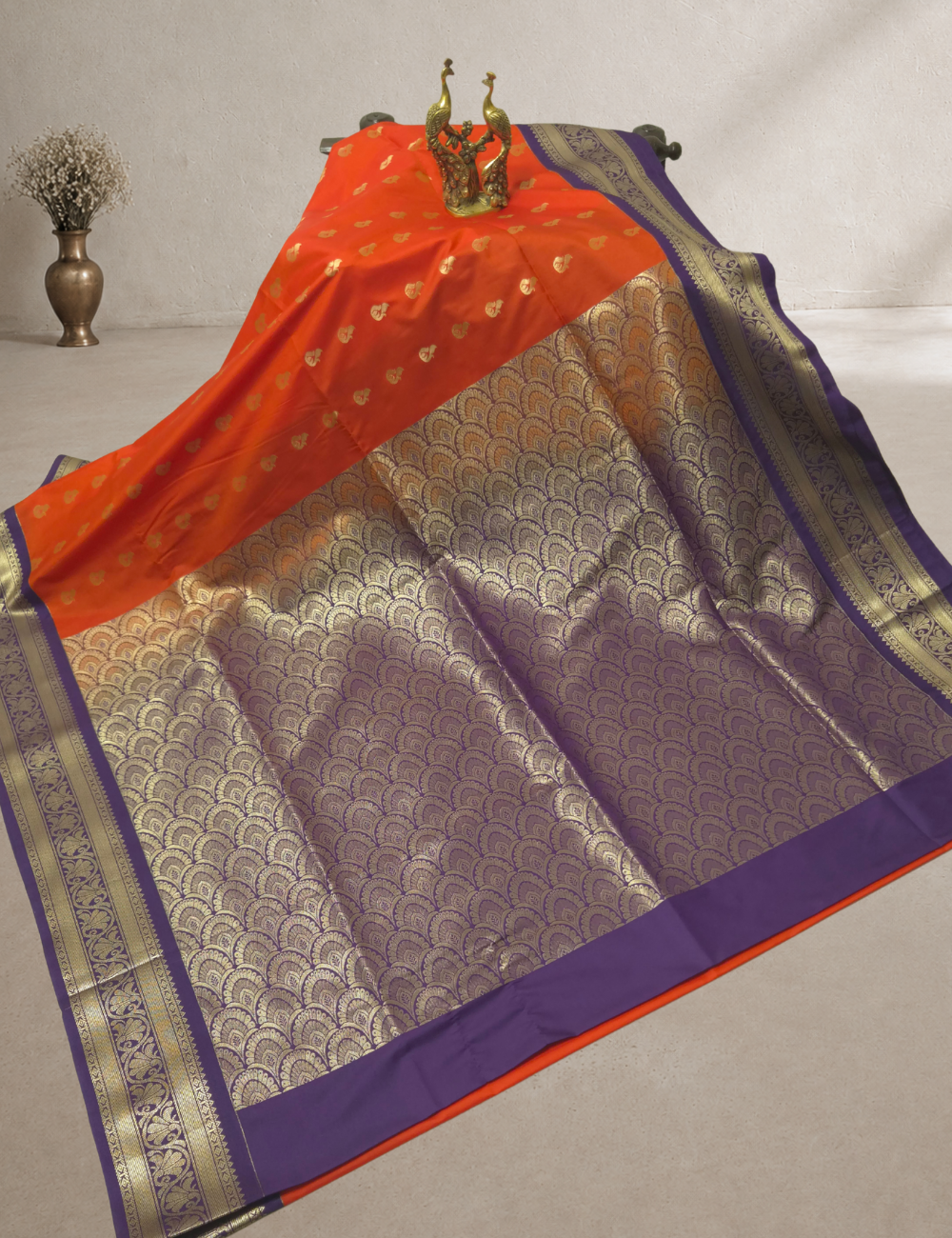 Premium Kanchi Semi Soft Silk Saree – Red Orange | Royal Purple Gold Zari Woven Border