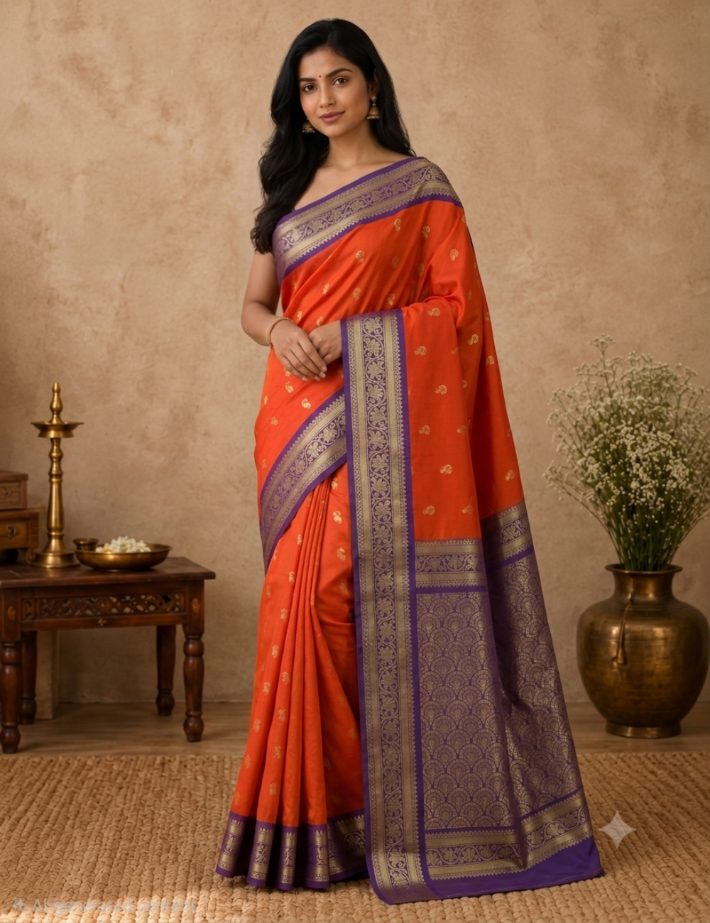 Premium Kanchi Semi Soft Silk Saree – Red Orange | Royal Purple Gold Zari Woven Border