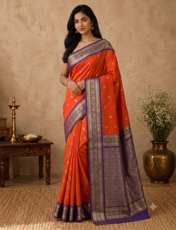 Premium Kanchi Semi Soft Silk Saree – Red Orange | Royal Purple Gold Zari Woven Border