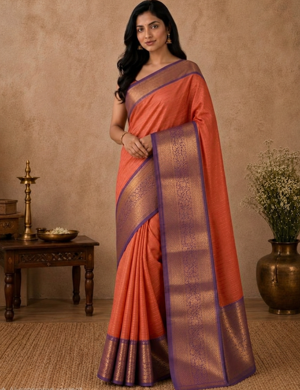 Premium Kanchi Semi Soft Silk Saree – Coral Orange with Royal Purple Copper Zari Woven Border